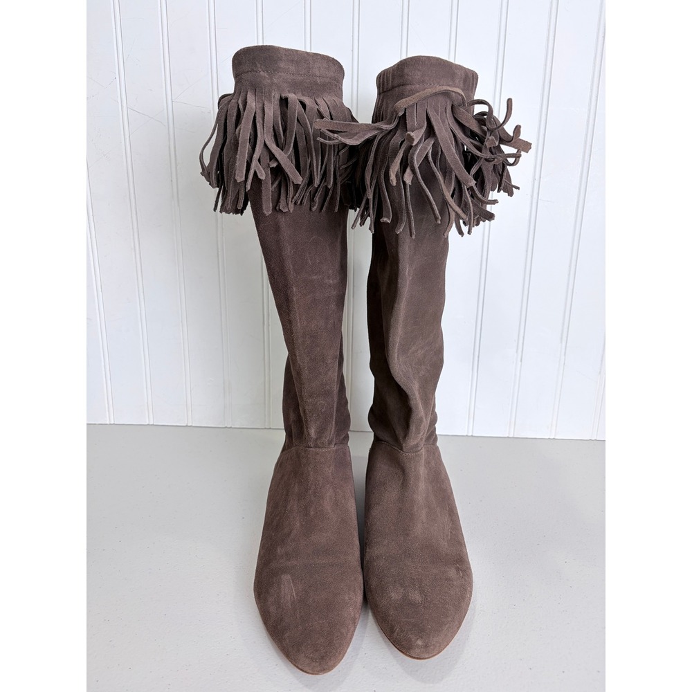 Daniblack Chocolate Taupe Suede Fringe Collar Tall Boot Flat Boho 8M Festival - Picture 2 of 16